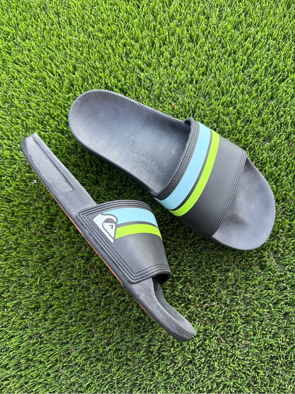 Quiksilver Men’s Black Slide Sandals with Blue and Lime Stripes